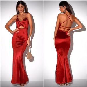 Wine Red Satin Backless Cutout Mermaid Maxi Dress